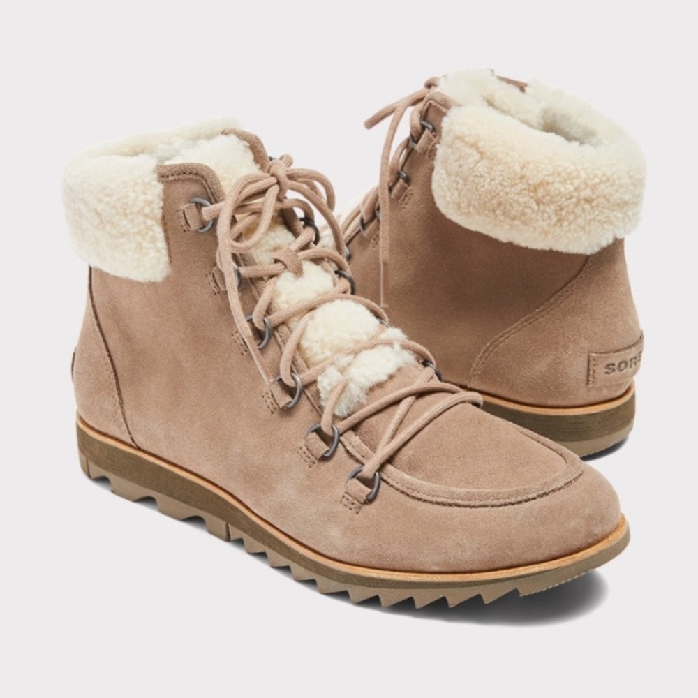 Sorel Harlow Lace Cozy Bootie Tan Suede Sherpa Size 9.5‎